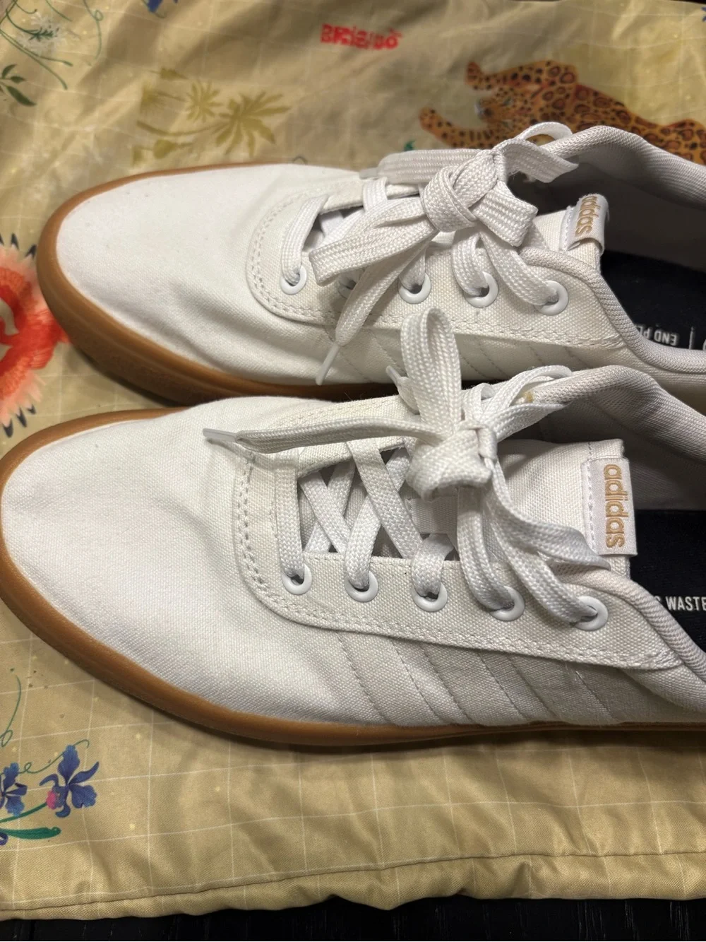 adidas White Canvas Sneakers with Gum Outsole and Gold Heel Tab